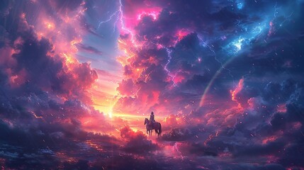 Wall Mural - A dynamic portrayal of a dramatic sky where thick, ominous clouds rumble with thunder and sharp lightning bolts pierce through, while rain cascades down heavily, and a delicate rainbow emerges,