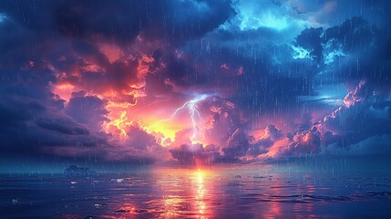 Wall Mural - An intense depiction of a sky filled with dark, menacing clouds, frequent lightning strikes lighting up the sky, and heavy rain falling, yet a beautiful, vibrant rainbow forms in the background,