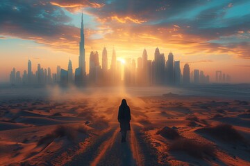 Wall Mural - A lone figure walks down a deserted road in the desert towards the city skyline at sunset