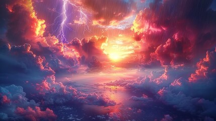 Canvas Print - A striking image of a dramatic sky filled with boiling, dark clouds brimming with rage, bright streaks of lightning illuminating the scene, heavy rain falling in sheets, and a serene rainbow arching