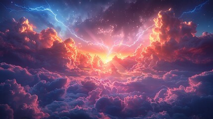 Wall Mural - A vibrant illustration of a stormy sky where thick, ominous clouds clash, bright lightning bolts illuminate the dark expanse, rain pours down heavily, and a colorful rainbow emerges, adding a touch