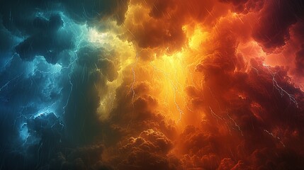 A vivid image of a sky in turmoil, with dark, swirling storm clouds and bright flashes of lightning that illuminate the scene, heavy rain falling in sheets, and a colorful rainbow beginning to form,
