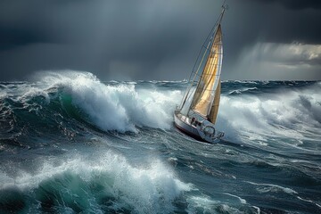 Wall Mural - A sailboat is being tossed around in a rough sea. The waves are high and the boat is being pushed around by the force of the water. The scene is intense and dramatic