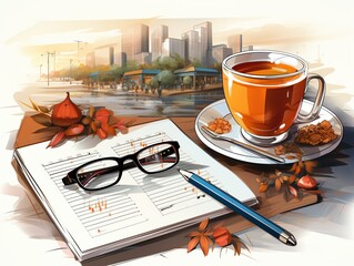 Wall Mural - A close-up of a financial report with detailed graphs and figures, alongside a pen, calculator, and a cup of coffee, symbolizing hard work and analysis. Flat color illustration cartoons character,