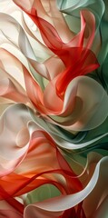 Abstract 3D render of flowing red, white, and green shapes in dynamic wallpaper design