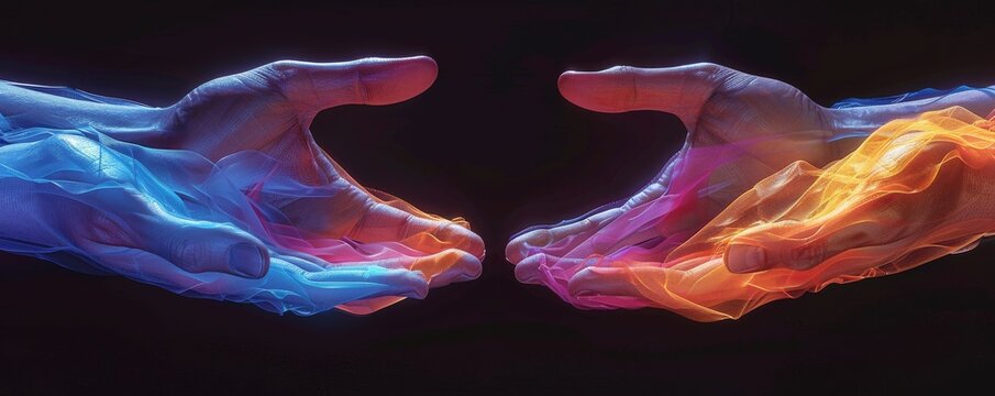 3D rendering of two open hands in contrasting blue and orange hues
