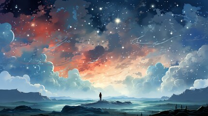 Wall Mural - An abstract depiction of the first stars forming, with bright white points of light emerging from dense clouds of interstellar gas and dust. Flat color illustration cartoons character, full body,