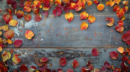 Wall Mural - Fall backdrop Border of red orange and yellow leaves on vintage metal surface with wooden backdrop