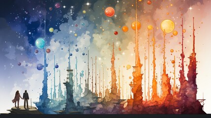 Wall Mural - A conceptual representation of cosmic evolution, showing a timeline of the universeâ€™s development from the Big Bang to the present, in a series of abstract panels. Flat color illustration cartoons