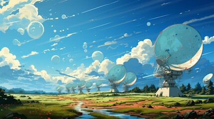 Wall Mural - Satellite dishes transmitting data signals in a communication center, representing the interconnectedness of technology. Flat color illustration,