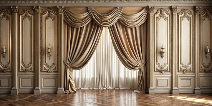 Luxurious draping curtain background in a vintage interior setting , luxury, drapery, curtain, background, vintage, interior