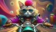 © Creative Light - a cat rides a motorcycle he is dressed like a punk