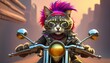 © Creative Light - a cat rides a motorcycle he is dressed like a punk