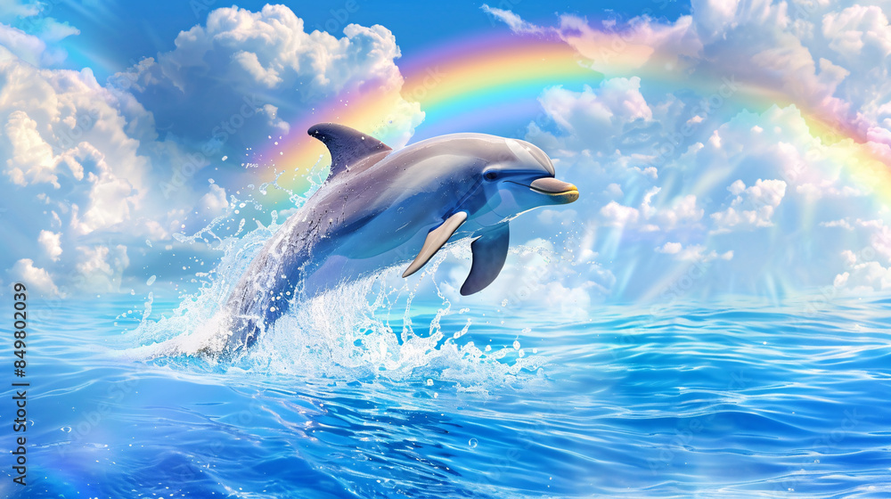A cheerful cartoon dolphin jumping out of the water with a rainbow