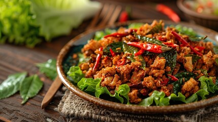 Wall Mural - Spicy Minced Pork with Herbs and Chili Peppers