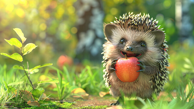 A friendly cartoon hedgehog holding an apple in a picturesque woodland setting