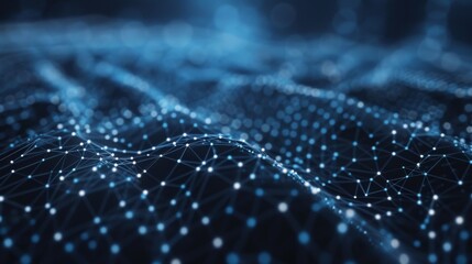 Wall Mural - illustration of dynamic blue particles connected by lines, forming a network over a dark background