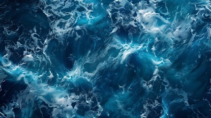 An overhead shot capturing the intricate textures of rolling ocean waves, showcasing a blend of white foam on deep blue water