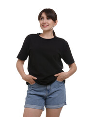 Wall Mural - Smiling woman in stylish black t-shirt on white background