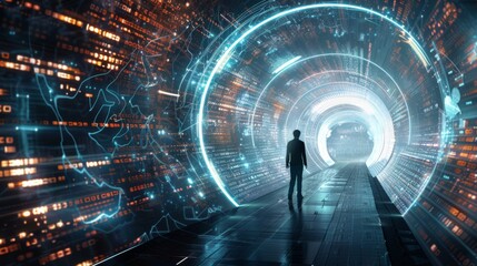 Wall Mural - a silhouette stands at the entrance of a glowing blue digital tunnel with futuristic data streaming 
