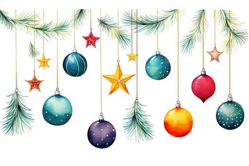 Poster - Watercolor christmas tree branches plant white background illuminated.