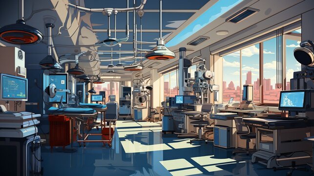 a futuristic hospital where robotic surgeons assist human doctors during surgeries. flat color illus