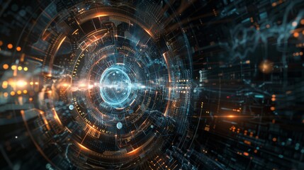 Wall Mural - the image depicts a blue cybernetic tunnel with dynamic orange sparks, suggesting high-speed data tr