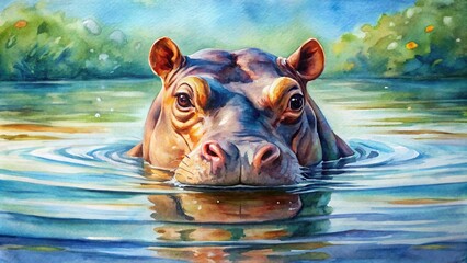 Watercolour painting of a cute hippo swimming in a lake , watercolor, hippopotamus, animal, wildlife, art, painting, nature