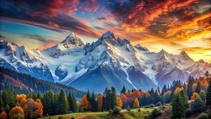 Wall Mural - Majestic view of snow-capped mountains with vibrant colors , nature, landscape, scenery, scenic, mountains, hills, peaks
