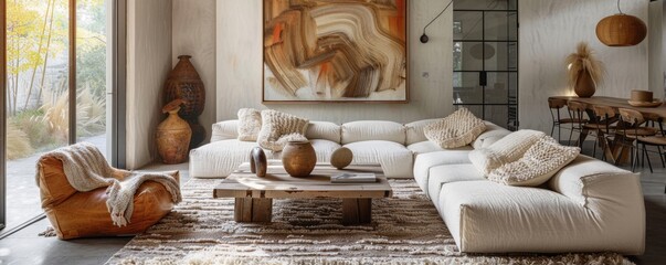 Boho style living room with oversized sofa and rustic decor