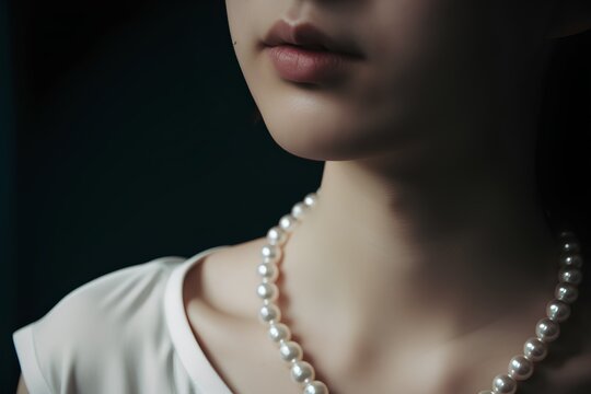 beautiful woman in a white dress with pearls on a black background