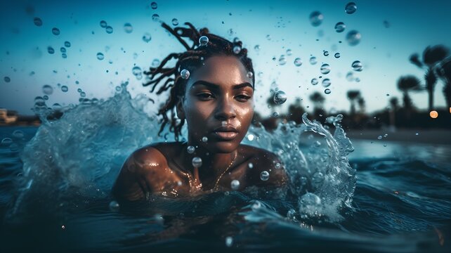 Beautiful african american woman in swimming pool with splashes of water