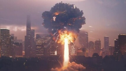Wall Mural - Explosion of nuclear bomb in the city. end of world illustration. Nuclear war threat concept.