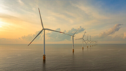 Windmill park with clouds and a blue sky, wind mill turbines in the ocean aerial view of a wind farm in the Ba Dong beach, Tra Vinh, Vietnam production clean energy