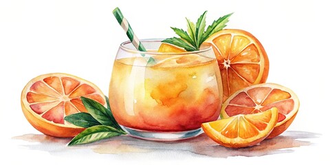 Wall Mural - Watercolor drawing of a bright tropical orange fruit cocktail for summer time , tropical, orange, fruit, cocktail