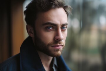 Wall Mural - Portrait of a handsome young man in a blue coat. Men's beauty, fashion.