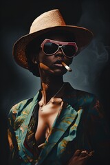 Wall Mural - Beautiful african american woman in hat and sunglasses smoking cigar.