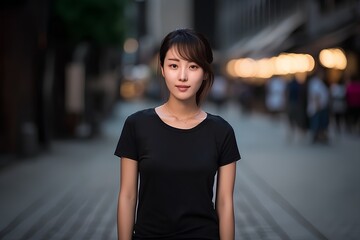 Wall Mural - Portrait of a beautiful young asian woman standing in the city