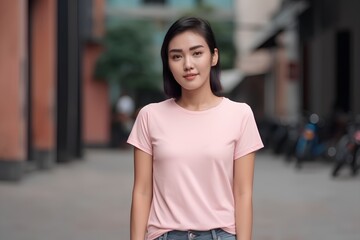 Wall Mural - Beautiful Asian woman in pink t-shirt walking in the city