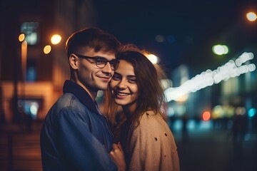 Wall Mural - Portrait of a young happy couple hugging in the city at night