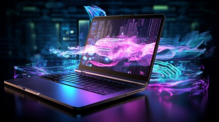 Wall Mural - a laptop displays a holographic neon visualization of a car with digital code in the background