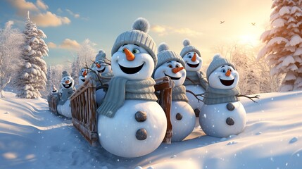 Group of snowmen and snowwomen enjoying a leisurely sleigh ride through a picturesque snowy countryside, laughter filling the air. 3d render cartoons character, full body, Isolate on white