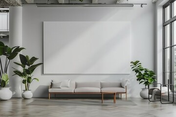 Mockup of blank wall with poster in office room created with Generative AI