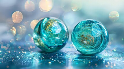 A close up of two blue glass marbles.