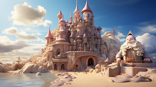 Gnomes sculpting elaborate sandcastles on the beach, their creations towering over the shoreline as waves gently lap at the sand. 3d render cartoons character, full body, Isolate on white background,