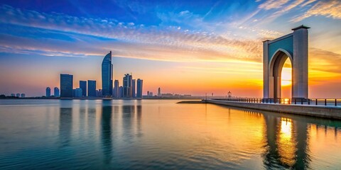 Gate tower on Al Reem island in Abu Dhabi against the blue sky at sunset, Abu Dhabi, UAE, skyline, architecture
