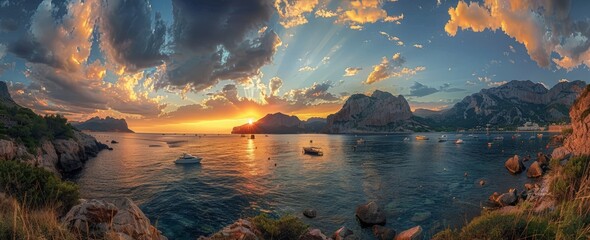Wall Mural - Sunset over a rocky shoreline with boats in the background
