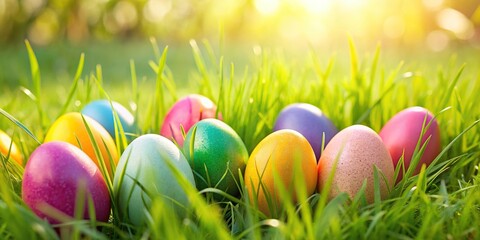 Wall Mural - Colorful Easter eggs hidden in the grass for an egg hunt , Easter, eggs, holiday, spring, celebration, hunt, grass