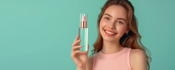 Smiling Woman Holding a Cosmetic Bottle, Highlighting Natural Beauty and the Importance of a Daily Skincare Routine for a Healthy, Radiant Complexion. Embrace Self-Care with Confidence, Generative AI