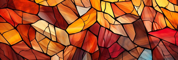Vibrant stained glass mosaic artwork background featuring a stunning mix of red, orange, yellow, and brown hues with intricate beveled edges for a striking 3D effect